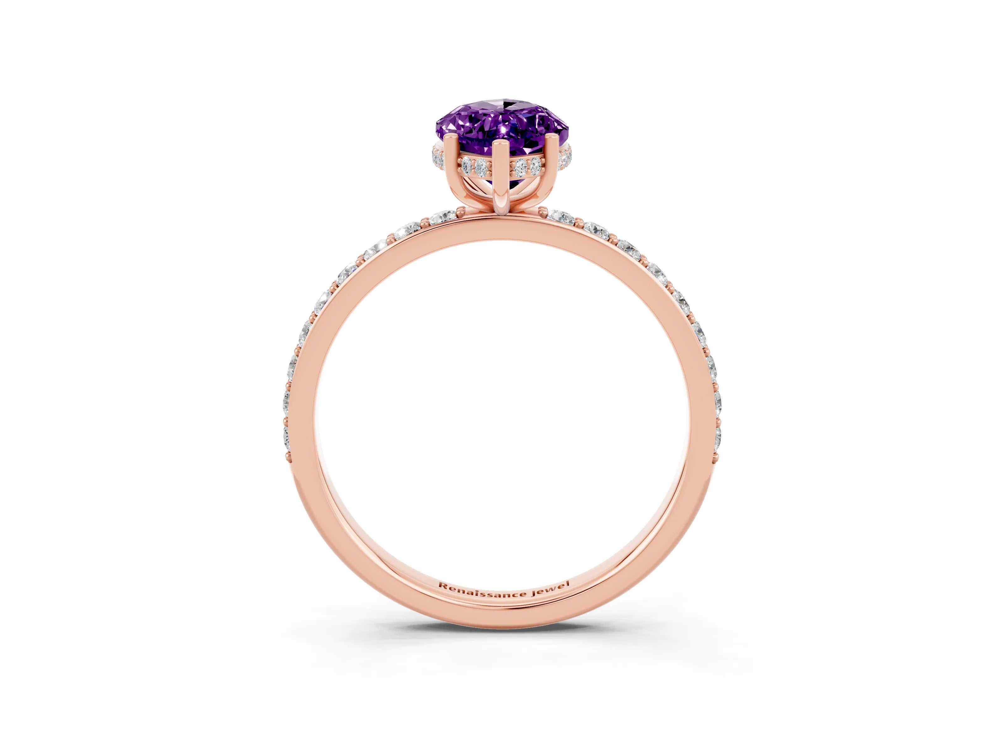 Rose gold Marquise Cut Amethyst Solitaire Ring with Pavé Band and Hidden Halo_15
