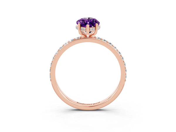 Rose gold Marquise Cut Amethyst Solitaire Ring with Pavé Band and Hidden Halo