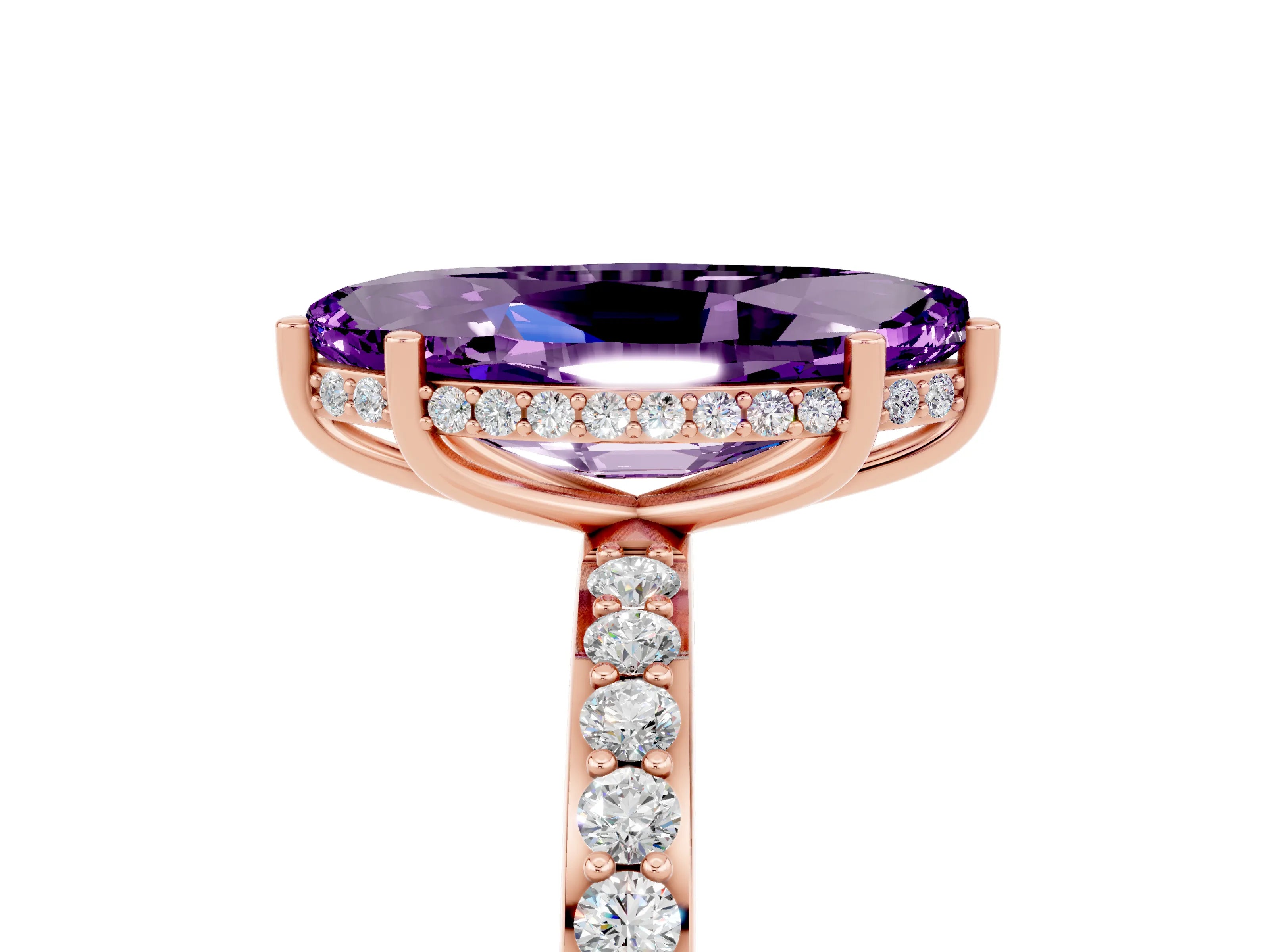 Rose gold Marquise Cut Amethyst Solitaire Ring with Pavé Band and Hidden Halo_17