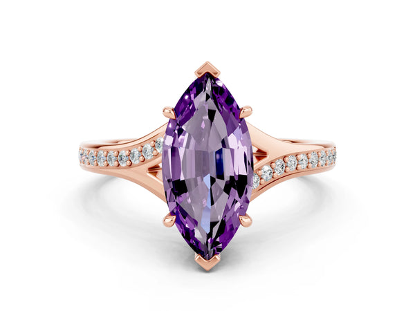 Rose gold Marquise Cut Amethyst Solitaire Ring with Pavé Band and Prong Setting