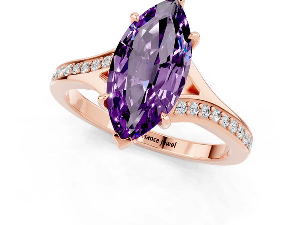 Rose gold Marquise Cut Amethyst Solitaire Ring with Pavé Band and Prong Setting