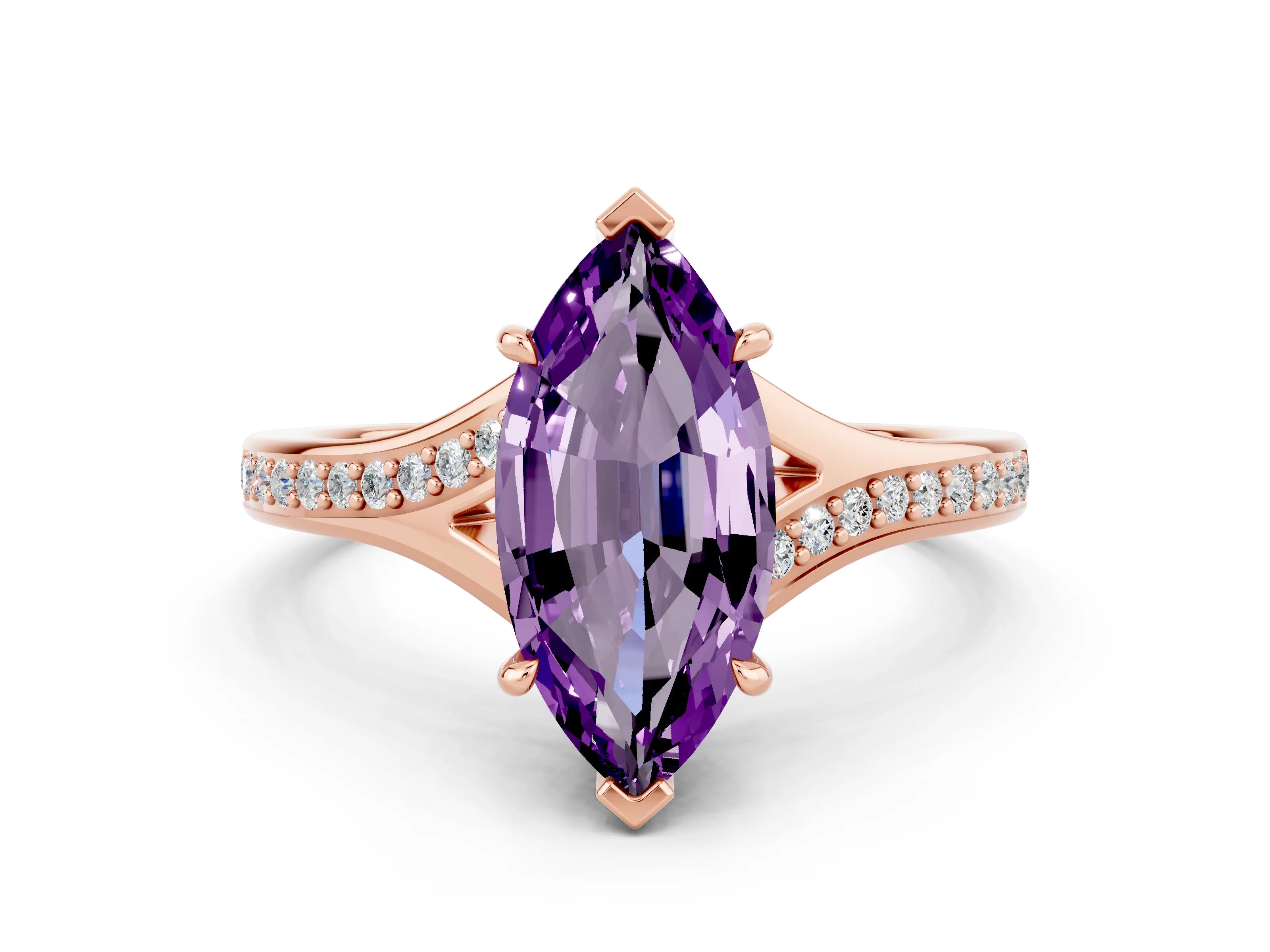 Rose gold Marquise Cut Amethyst Solitaire Ring with Pavé Band and Prong Setting_12