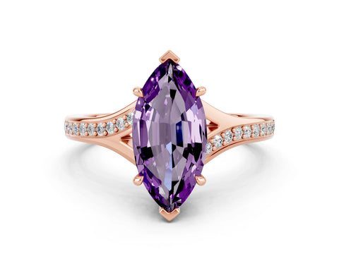 Rose gold Marquise Cut Amethyst Solitaire Ring with Pavé Band and Prong Setting_12