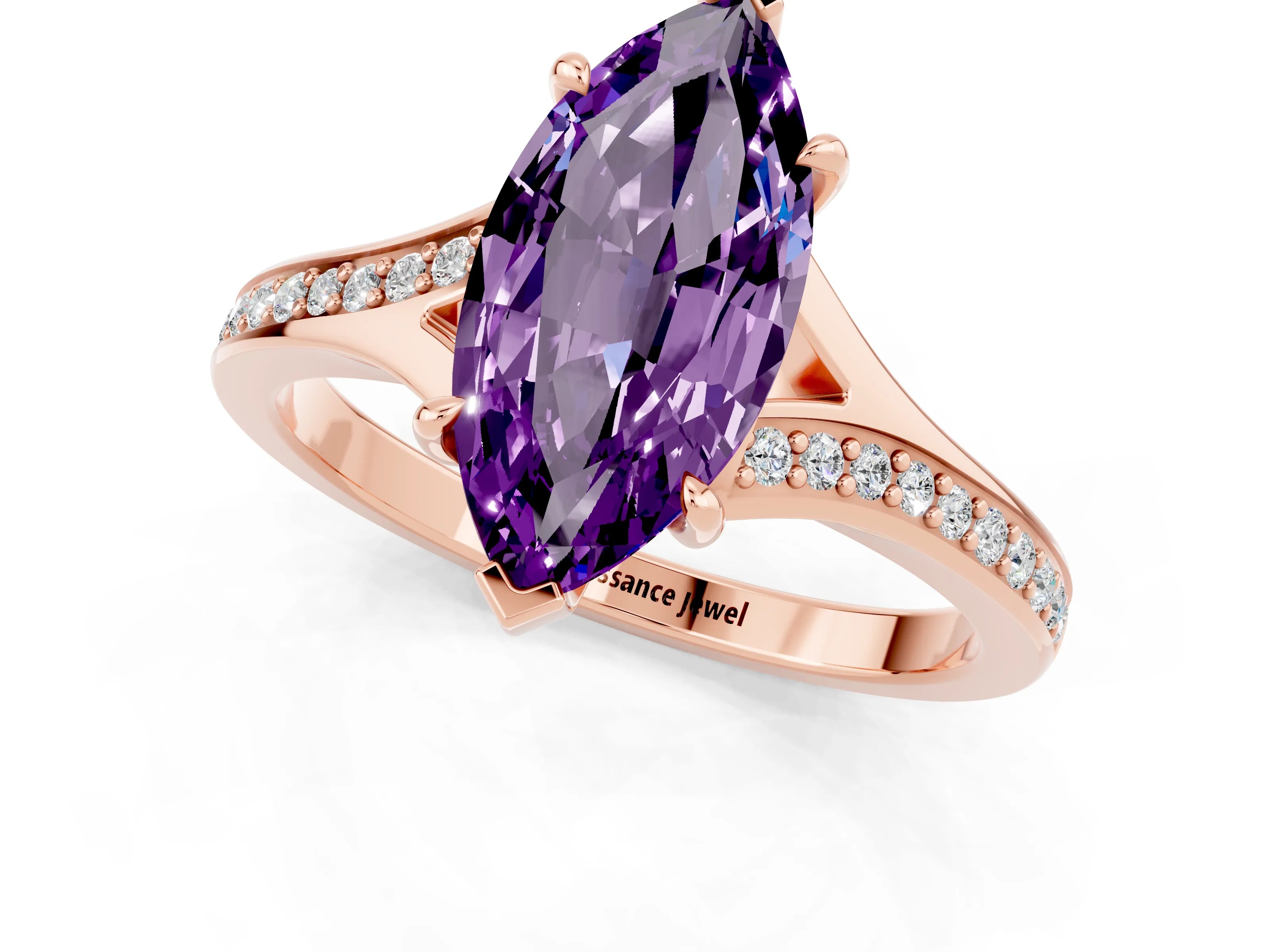 Rose gold Marquise Cut Amethyst Solitaire Ring with Pavé Band and Prong Setting_13