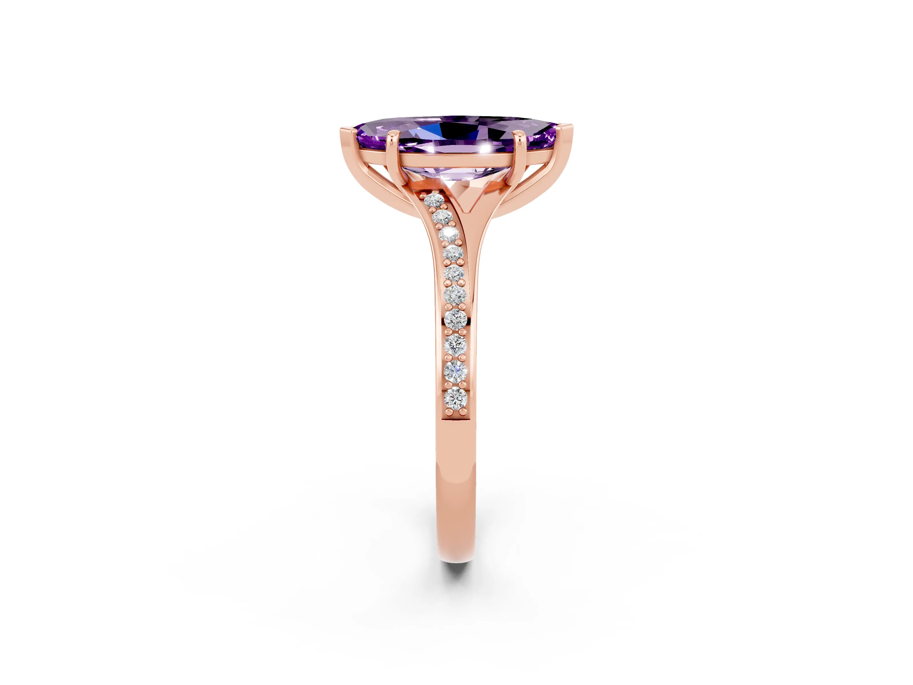 Rose gold Marquise Cut Amethyst Solitaire Ring with Pavé Band and Prong Setting_14