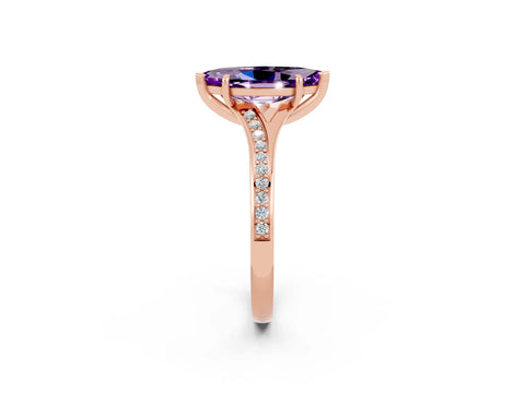 Rose gold Marquise Cut Amethyst Solitaire Ring with Pavé Band and Prong Setting_14