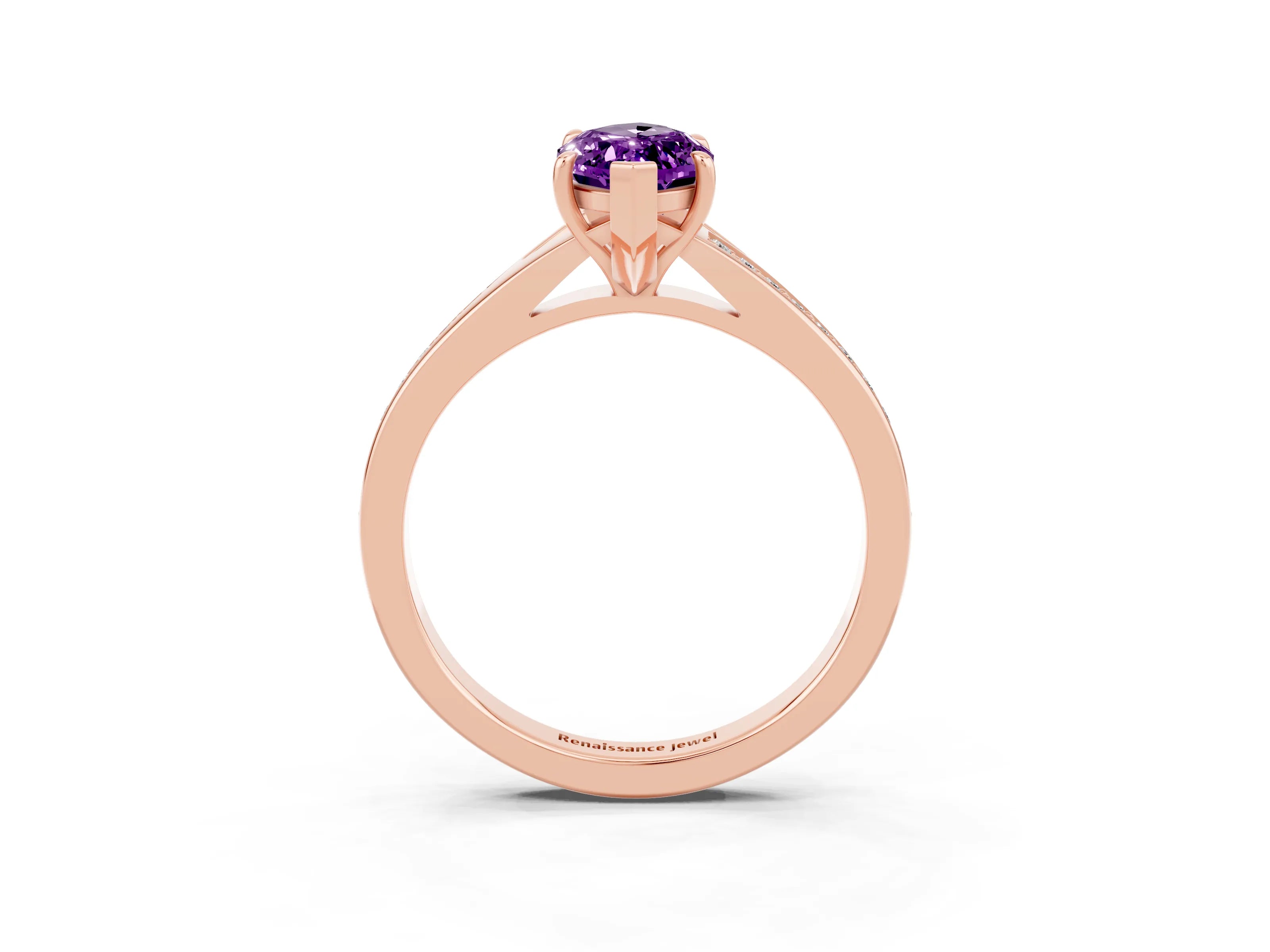Rose gold Marquise Cut Amethyst Solitaire Ring with Pavé Band and Prong Setting_15