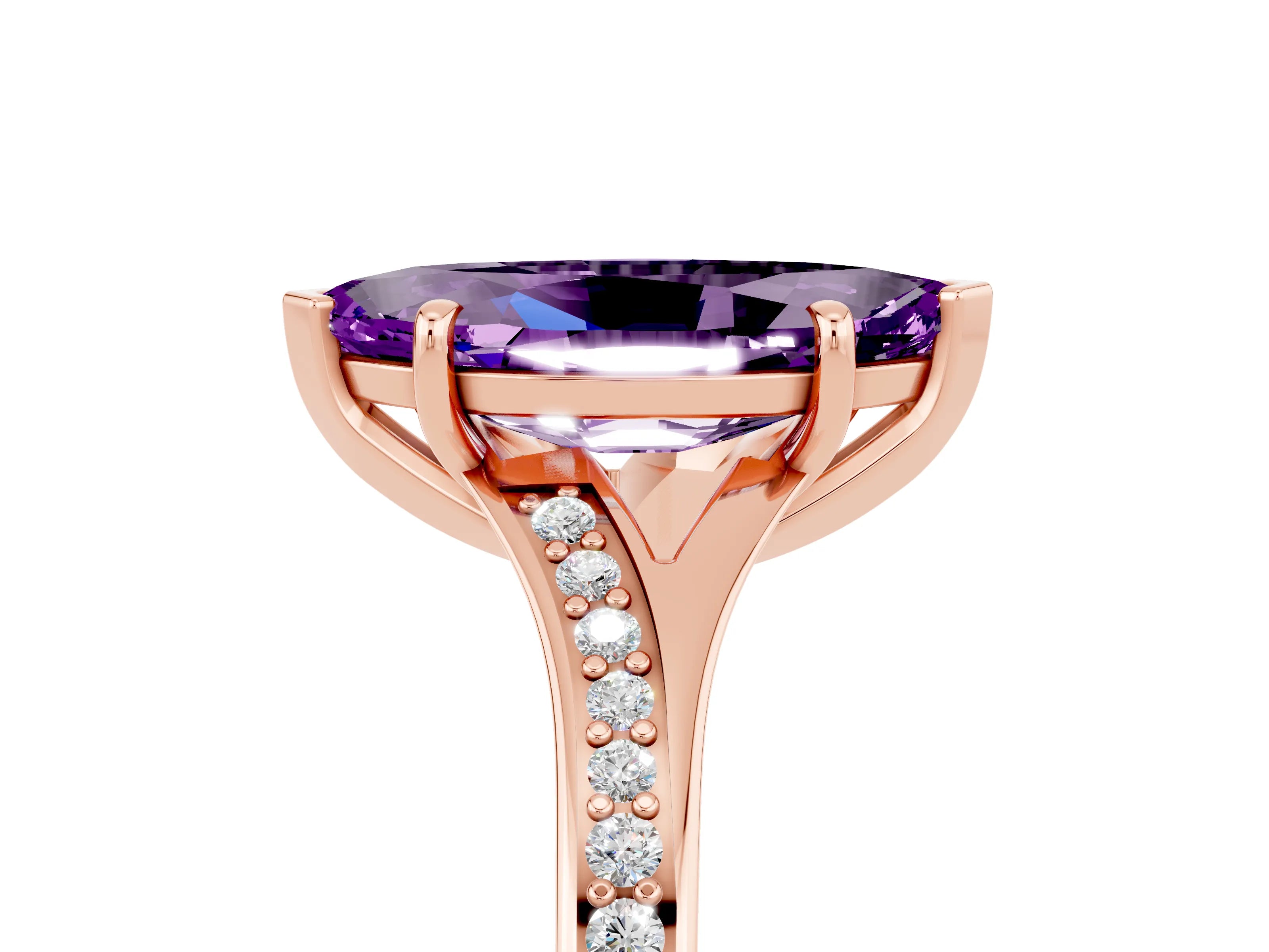 Rose gold Marquise Cut Amethyst Solitaire Ring with Pavé Band and Prong Setting_17