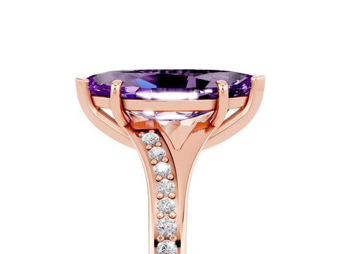 Rose gold Marquise Cut Amethyst Solitaire Ring with Pavé Band and Prong Setting_17