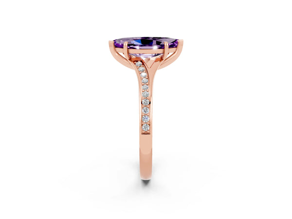 Rose gold Marquise Cut Amethyst Solitaire Ring with Pavé Band and Prong Setting