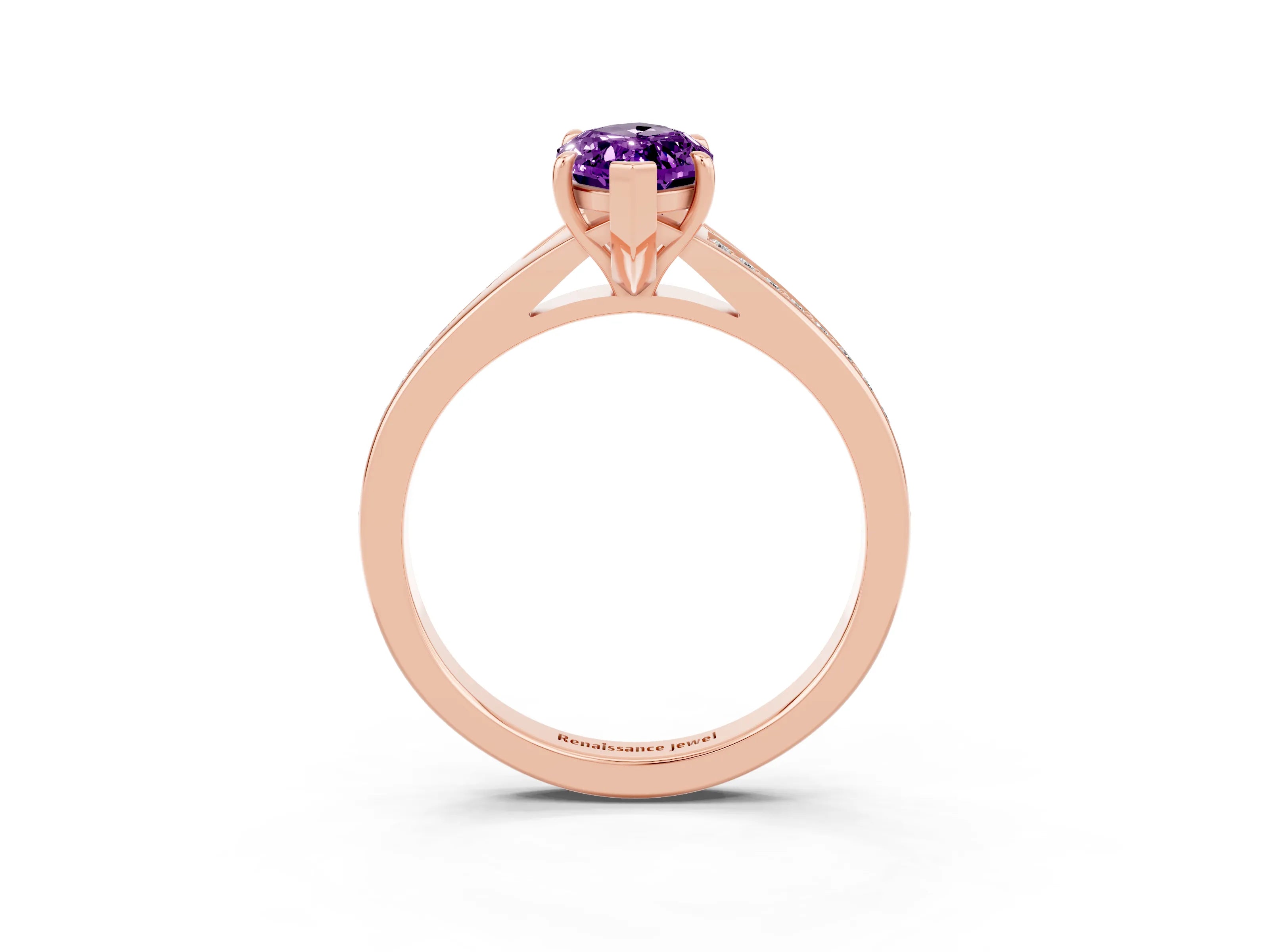 Rose gold Marquise Cut Amethyst Solitaire Ring with Pavé Band and Prong Setting_3