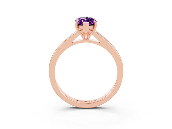 Rose gold Marquise Cut Amethyst Solitaire Ring with Pavé Band and Prong Setting