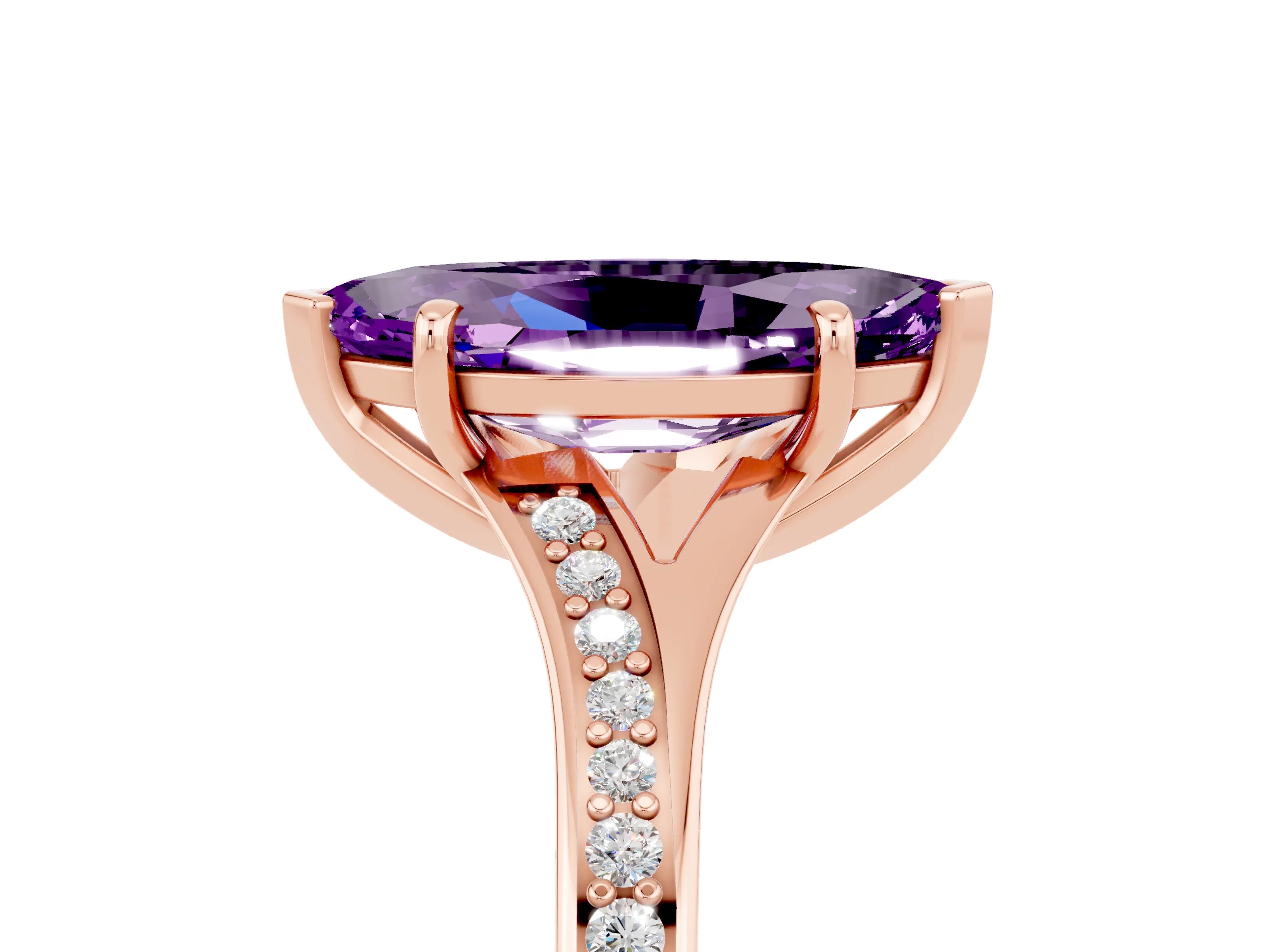Rose gold Marquise Cut Amethyst Solitaire Ring with Pavé Band and Prong Setting_5