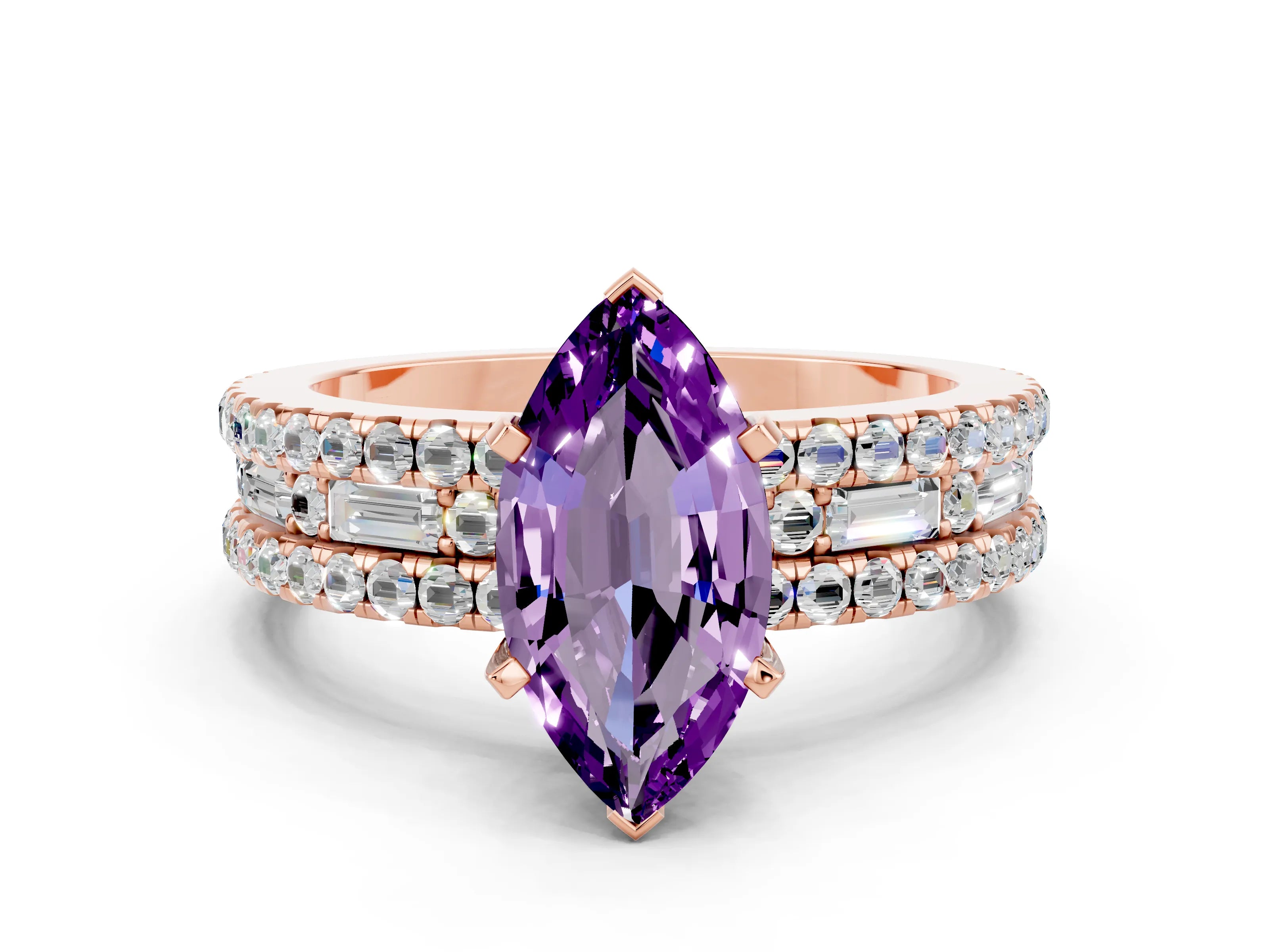 Rose gold Marquise Cut Amethyst Solitaire Ring with Pavé and Channel Set Band