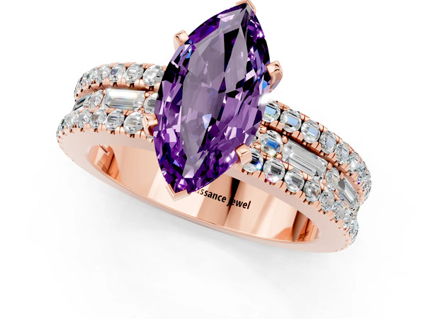 Rose gold Marquise Cut Amethyst Solitaire Ring with Pavé and Channel Set Band