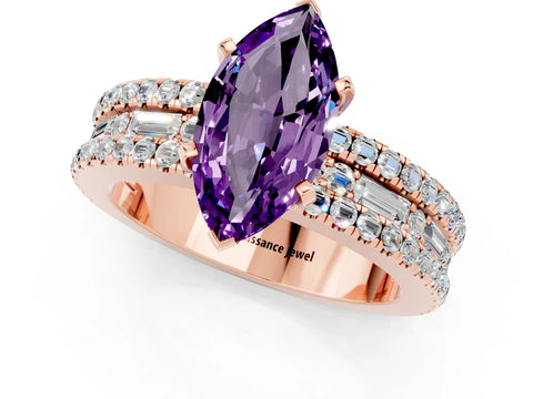 Rose gold Marquise Cut Amethyst Solitaire Ring with Pavé and Channel Set Band_1