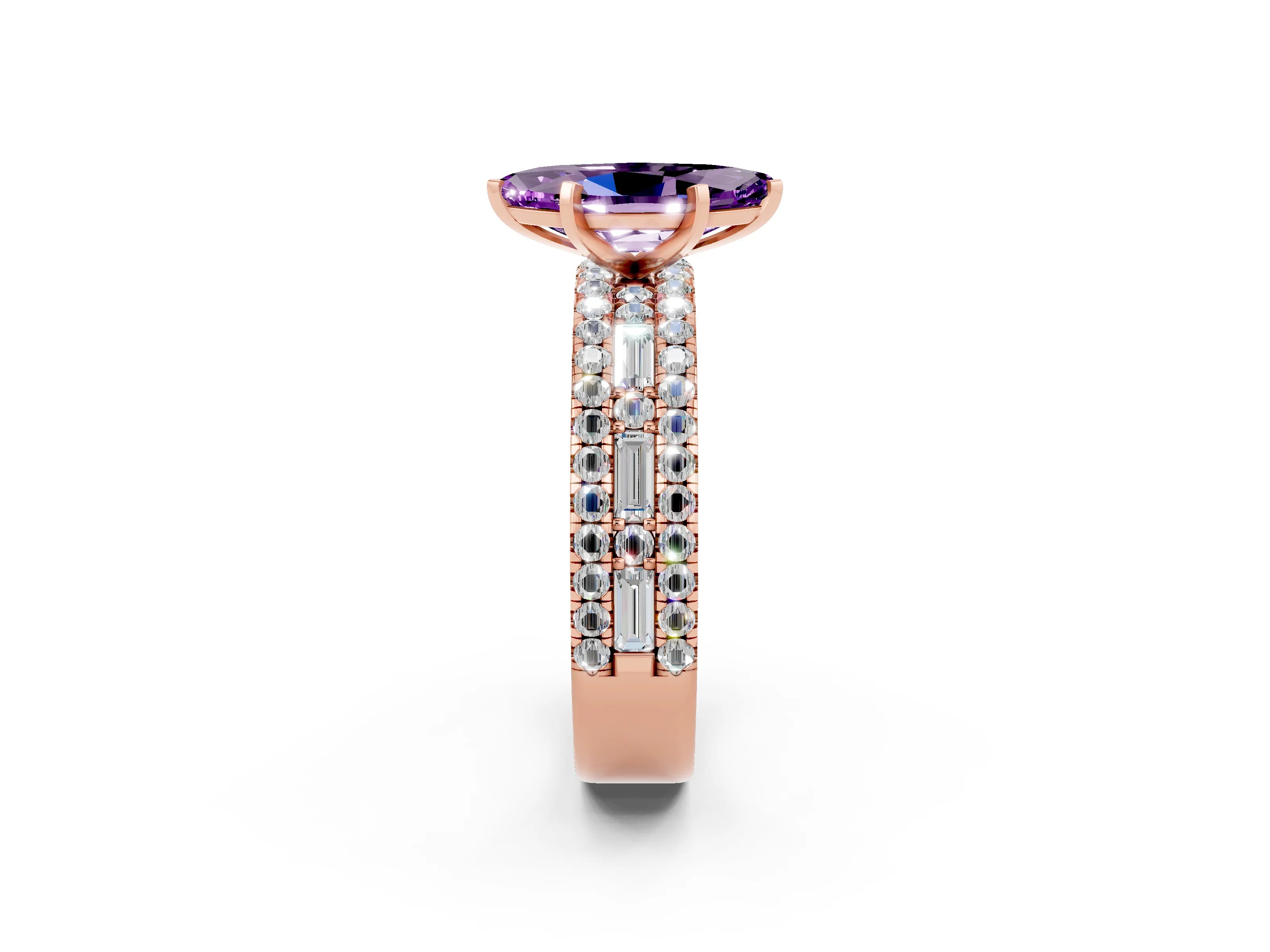 Rose gold Marquise Cut Amethyst Solitaire Ring with Pavé and Channel Set Band_2