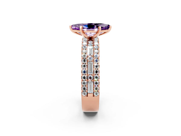 Rose gold Marquise Cut Amethyst Solitaire Ring with Pavé and Channel Set Band