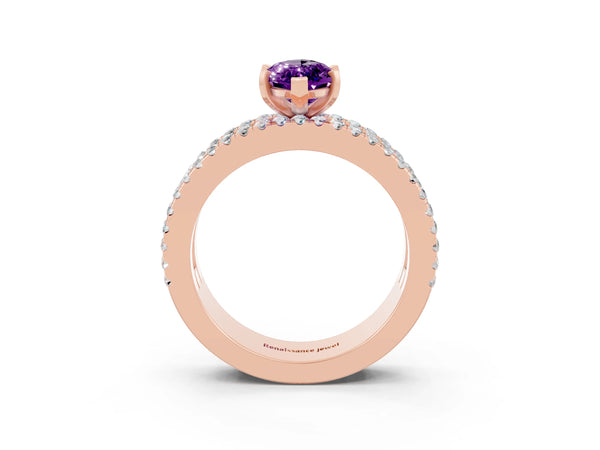 Rose gold Marquise Cut Amethyst Solitaire Ring with Pavé and Channel Set Band