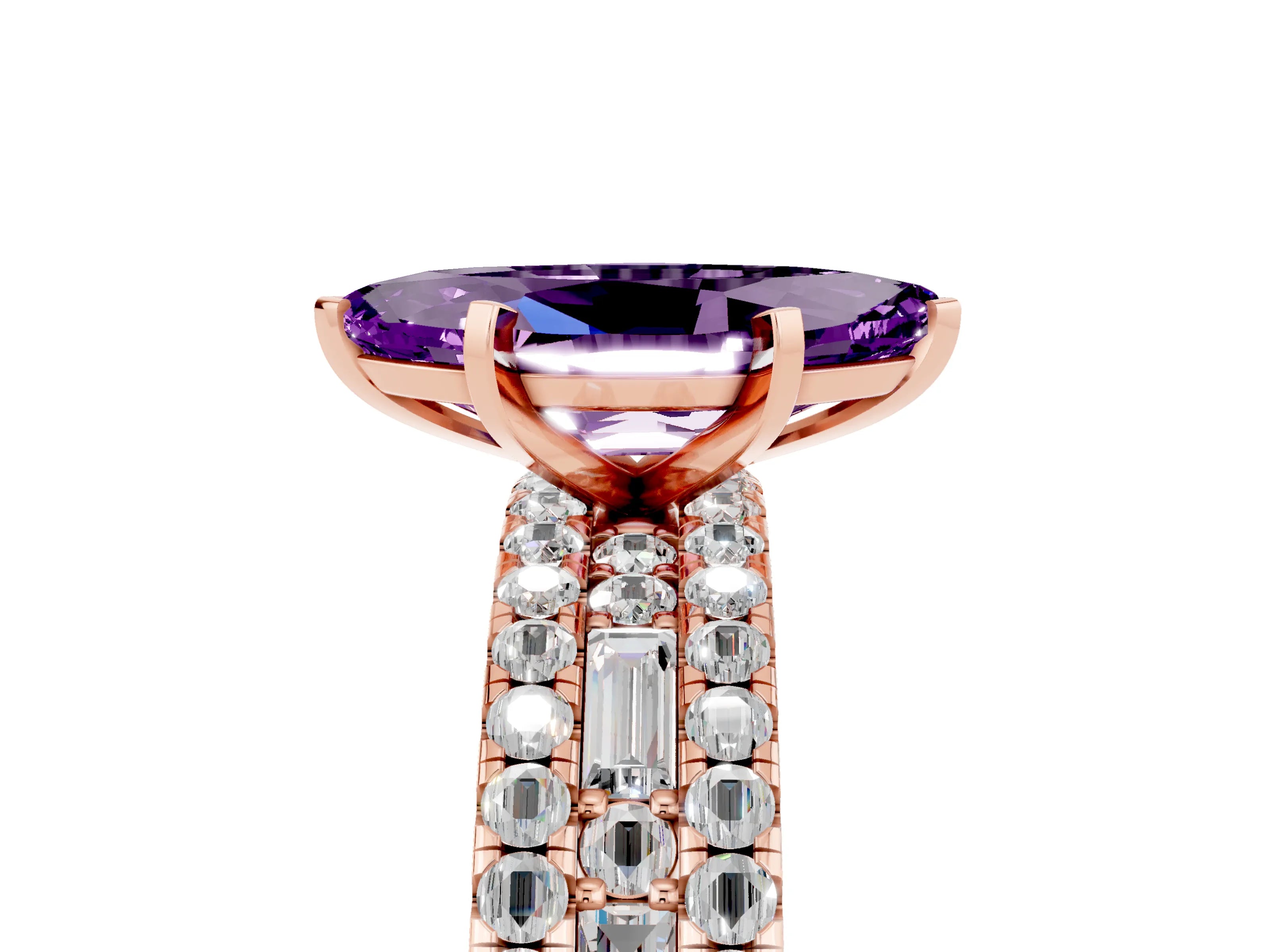 Rose gold Marquise Cut Amethyst Solitaire Ring with Pavé and Channel Set Band_5