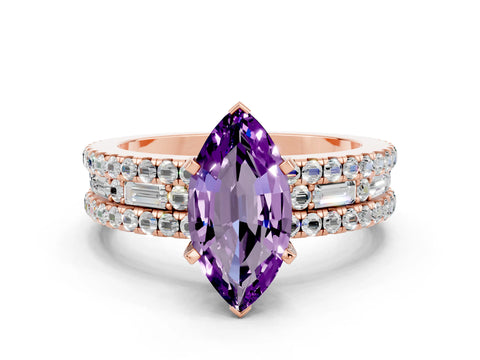 Rose gold Marquise Cut Amethyst Solitaire Ring with Pavé and Channel Set Band
