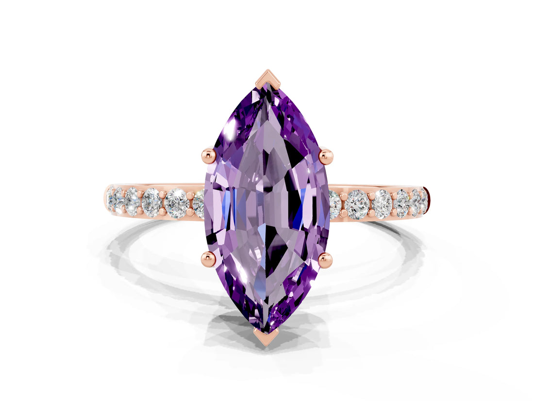 Rose gold Marquise Cut Amethyst Solitaire Ring with Pave Band and Four Prong Setting_48