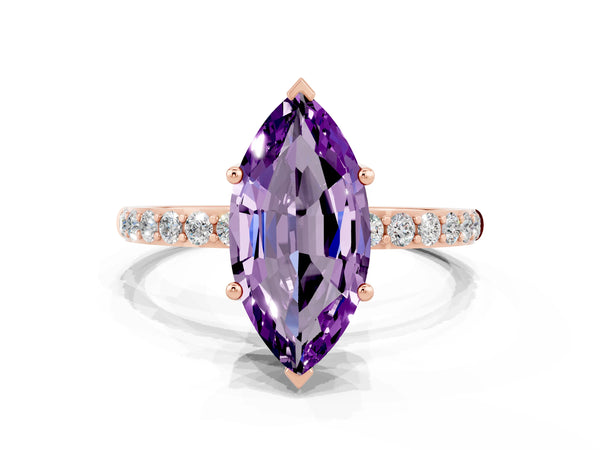 Rose gold Marquise Cut Amethyst Solitaire Ring with Round  Pavé Band and Prong Setting