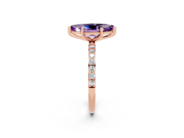 Rose gold Marquise Cut Amethyst Solitaire Ring with Round  Pavé Band and Prong Setting
