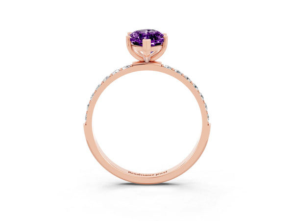 Rose gold Marquise Cut Amethyst Solitaire Ring with Round  Pavé Band and Prong Setting
