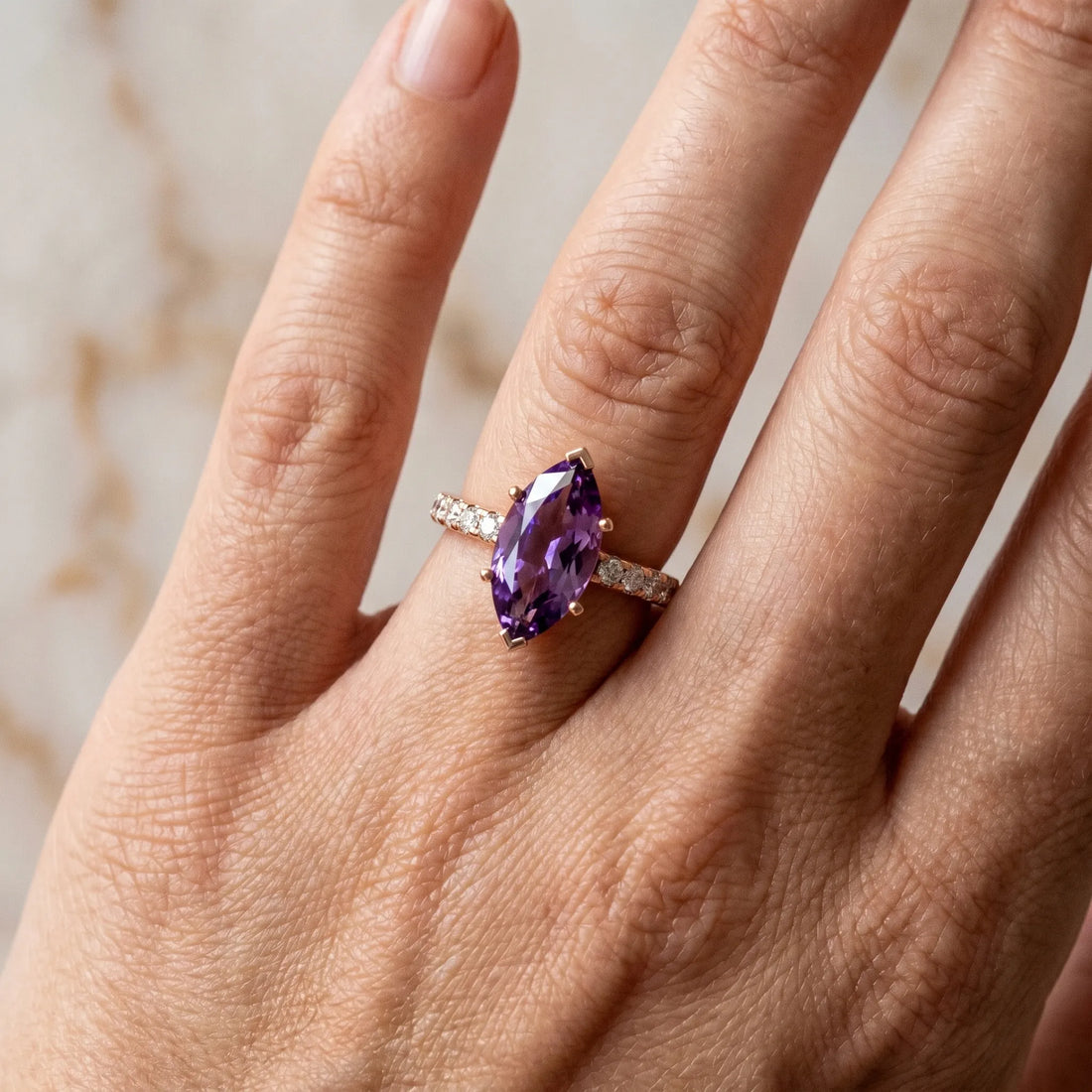 Rose gold Marquise Cut Amethyst Solitaire Ring with Round  Pavé Band and Four-Prong Setting_42