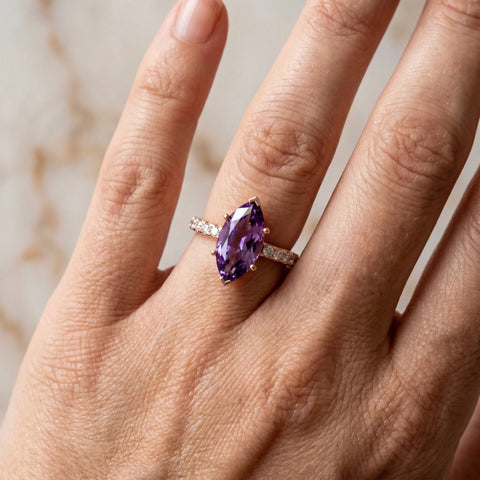 Rose gold Marquise Cut Amethyst Solitaire Ring with Round  Pavé Band and Four-Prong Setting_42