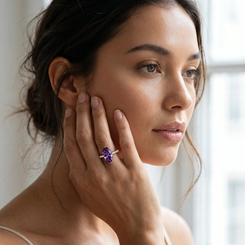 Rose gold Marquise Cut Amethyst Solitaire Ring with Round  Pavé Band and Four-Prong Setting_43