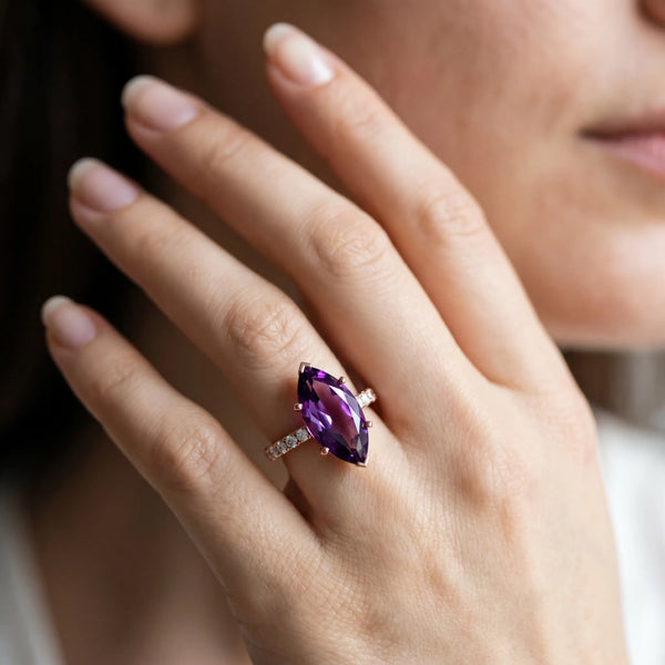 Rose gold Marquise Cut Amethyst Solitaire Ring with Round  Pavé Band and Four-Prong Setting