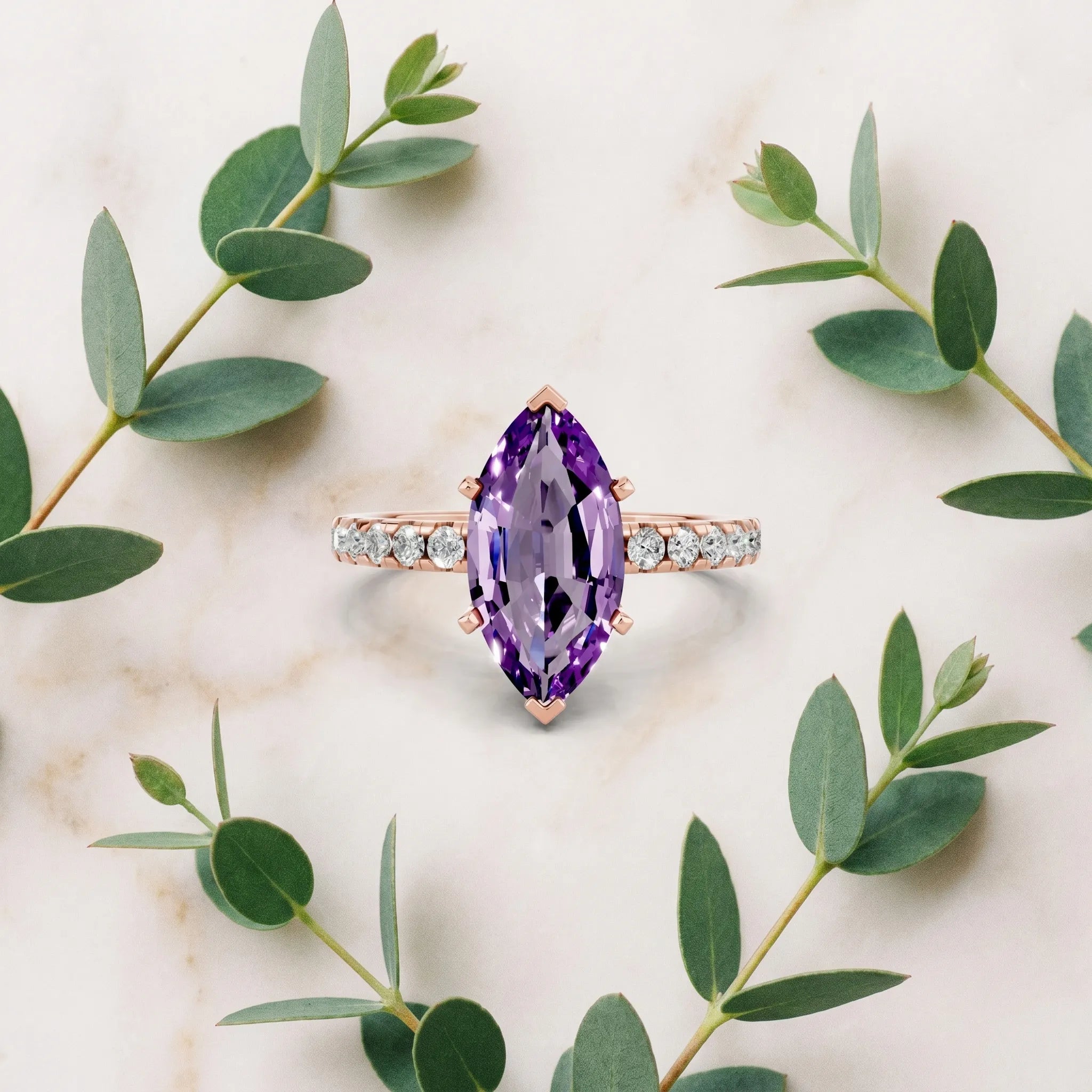 Rose gold Marquise Cut Amethyst Solitaire Ring with Round  Pavé Band and Four-Prong Setting_45