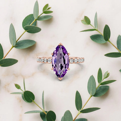 Rose gold Marquise Cut Amethyst Solitaire Ring with Round  Pavé Band and Four-Prong Setting_45