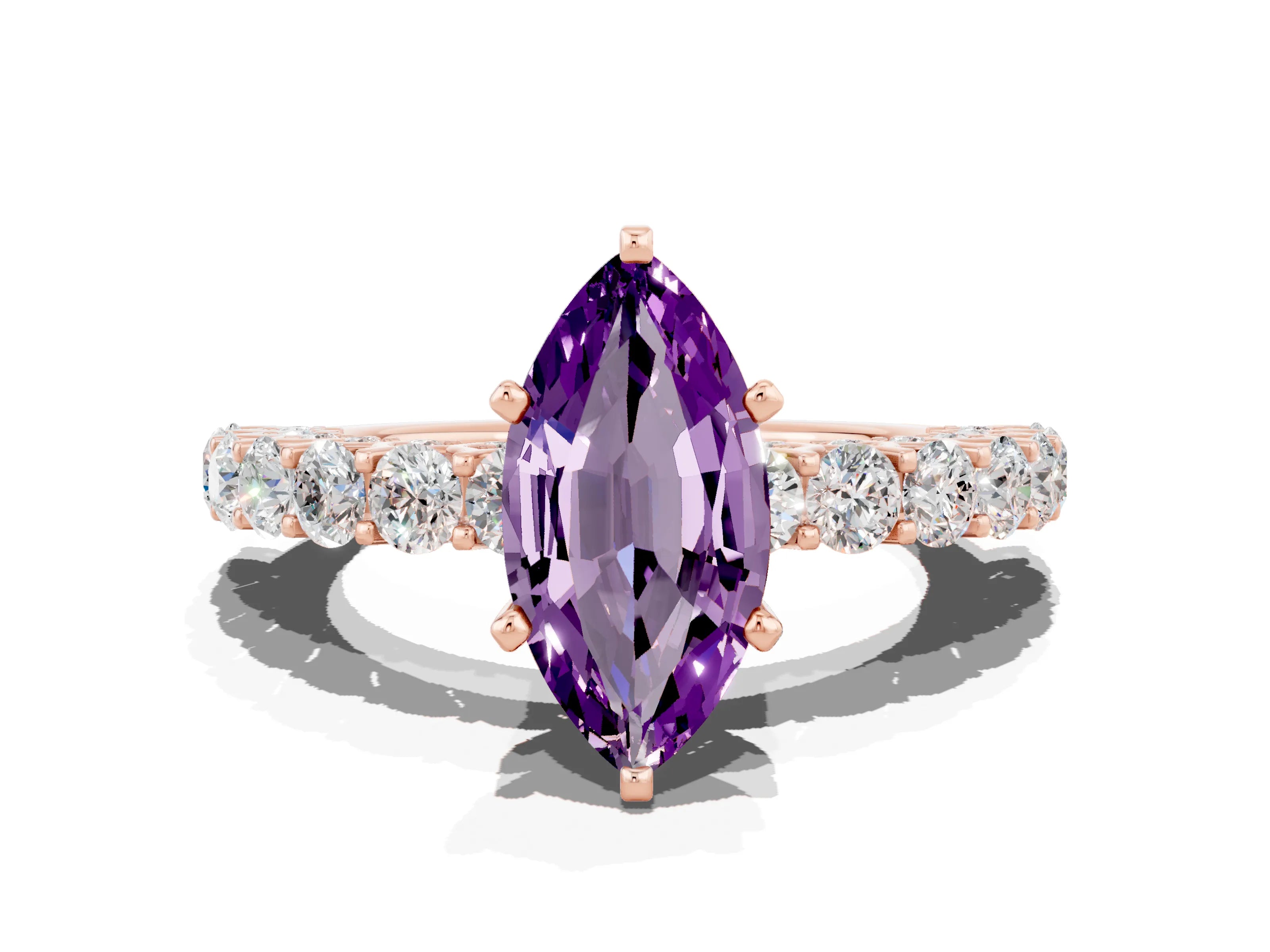 Rose gold Marquise Cut Amethyst Solitaire Ring with Shared Prong Pavé Band and Four-Prong Setting