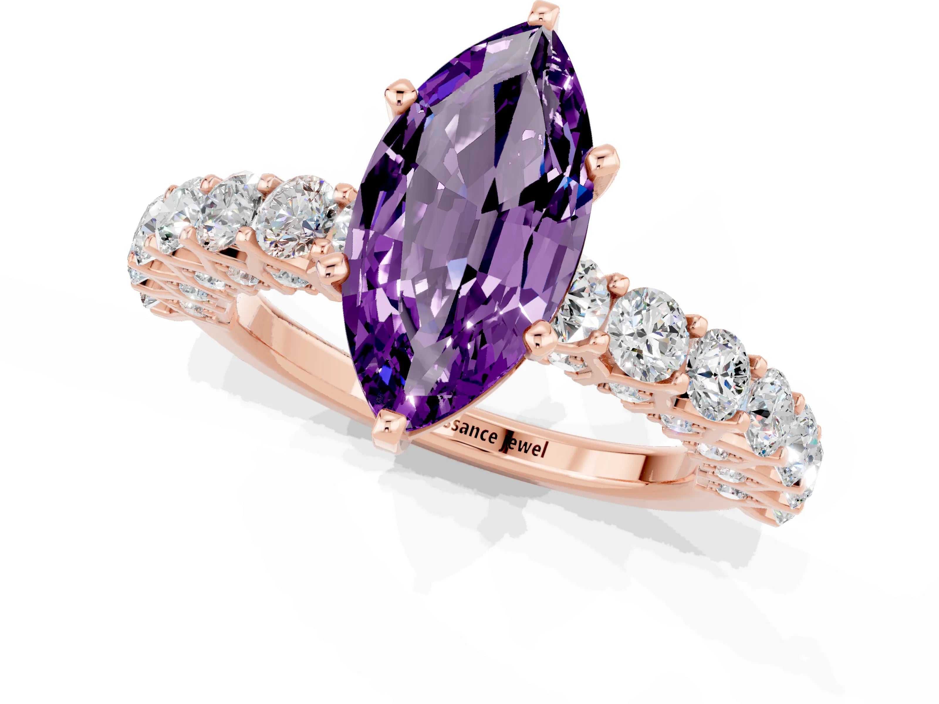 Rose gold Marquise Cut Amethyst Solitaire Ring with Shared Prong Pavé Band and Four-Prong Setting_1