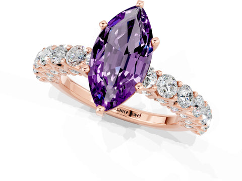 Rose gold Marquise Cut Amethyst Solitaire Ring with Shared Prong Pavé Band and Four-Prong Setting_1