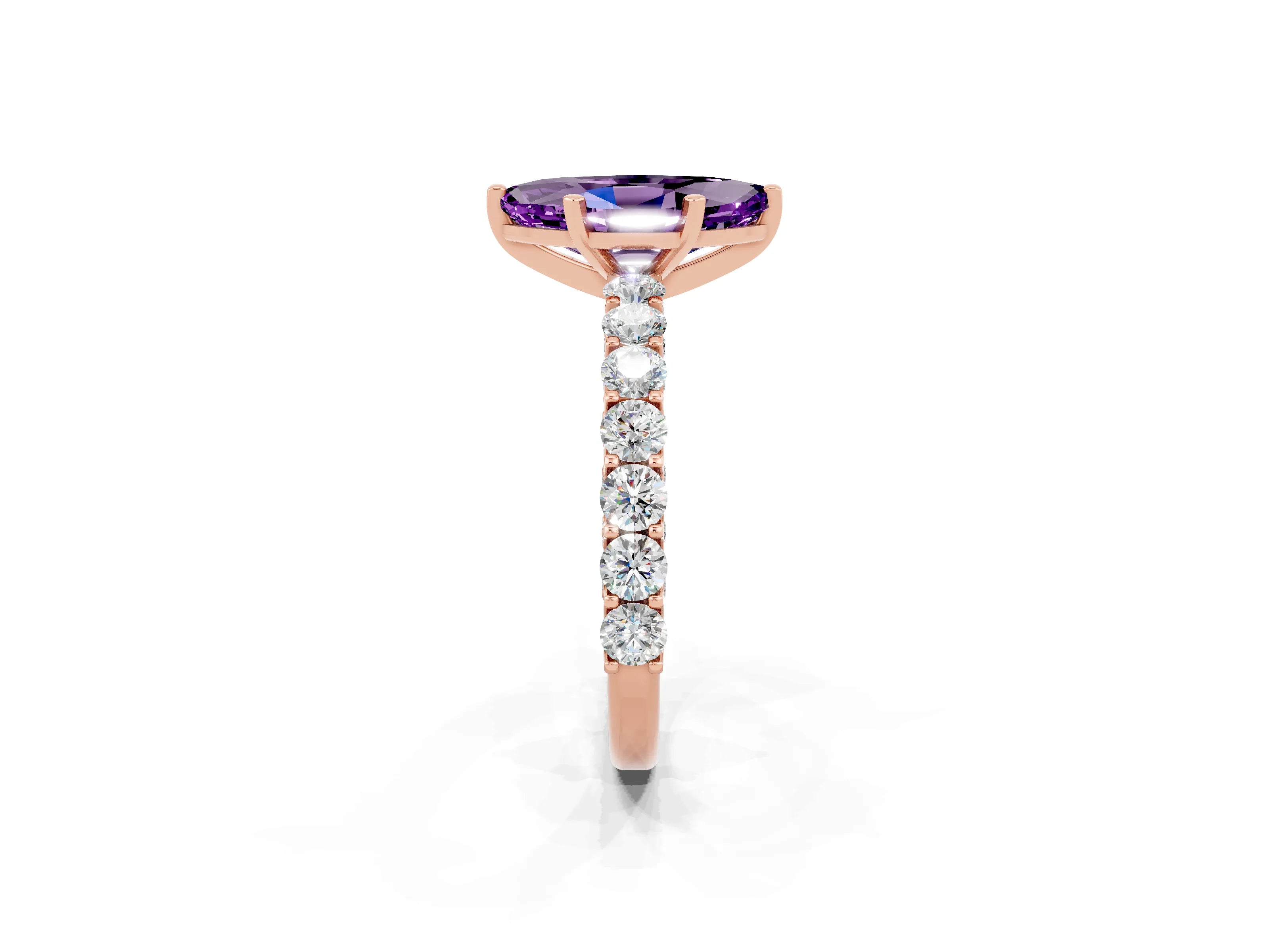 Rose gold Marquise Cut Amethyst Solitaire Ring with Shared Prong Pavé Band and Four-Prong Setting_2