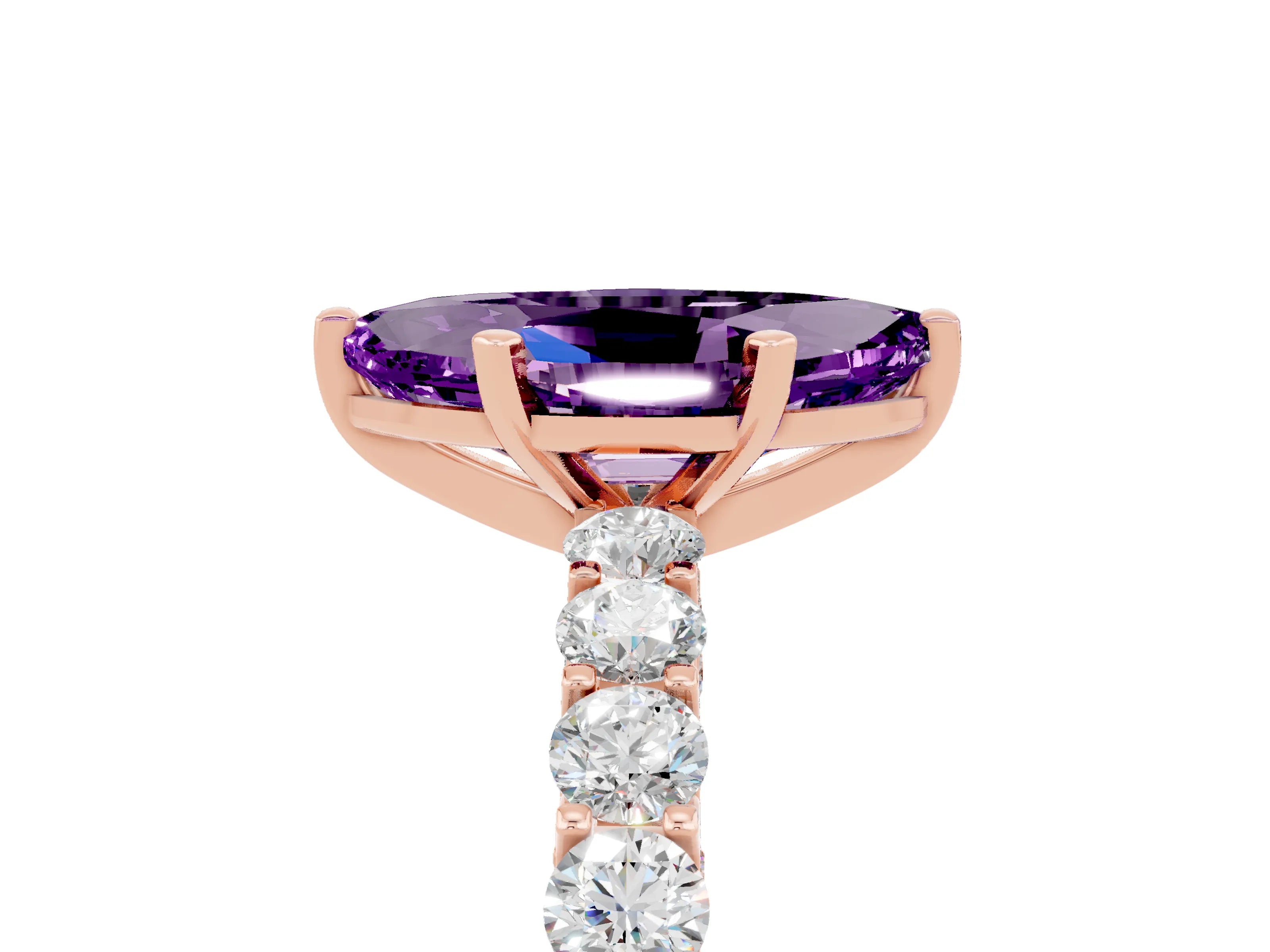 Rose gold Marquise Cut Amethyst Solitaire Ring with Shared Prong Pavé Band and Four-Prong Setting_5