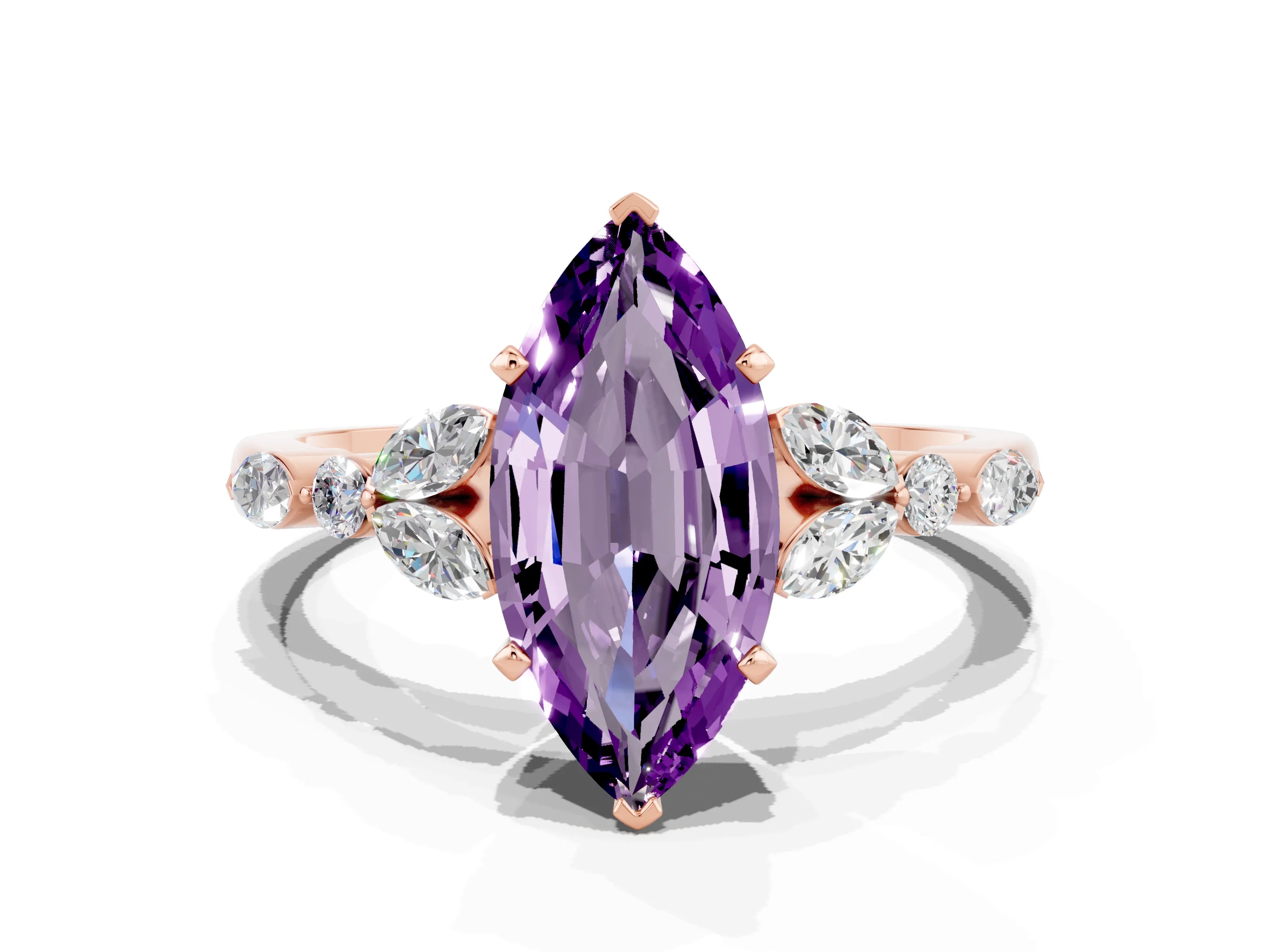 Rose gold Marquise Cut Amethyst Solitaire Ring with Side Stones and Four-Prong Setting_12