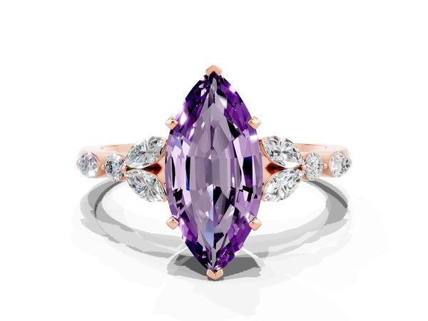 Rose gold Marquise Cut Amethyst Solitaire Ring with Side Stones and Four-Prong Setting