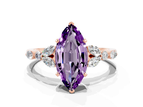 Rose gold Marquise Cut Amethyst Solitaire Ring with Side Stones and Four-Prong Setting_12