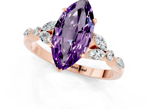 Rose gold Marquise Cut Amethyst Solitaire Ring with Side Stones and Four-Prong Setting