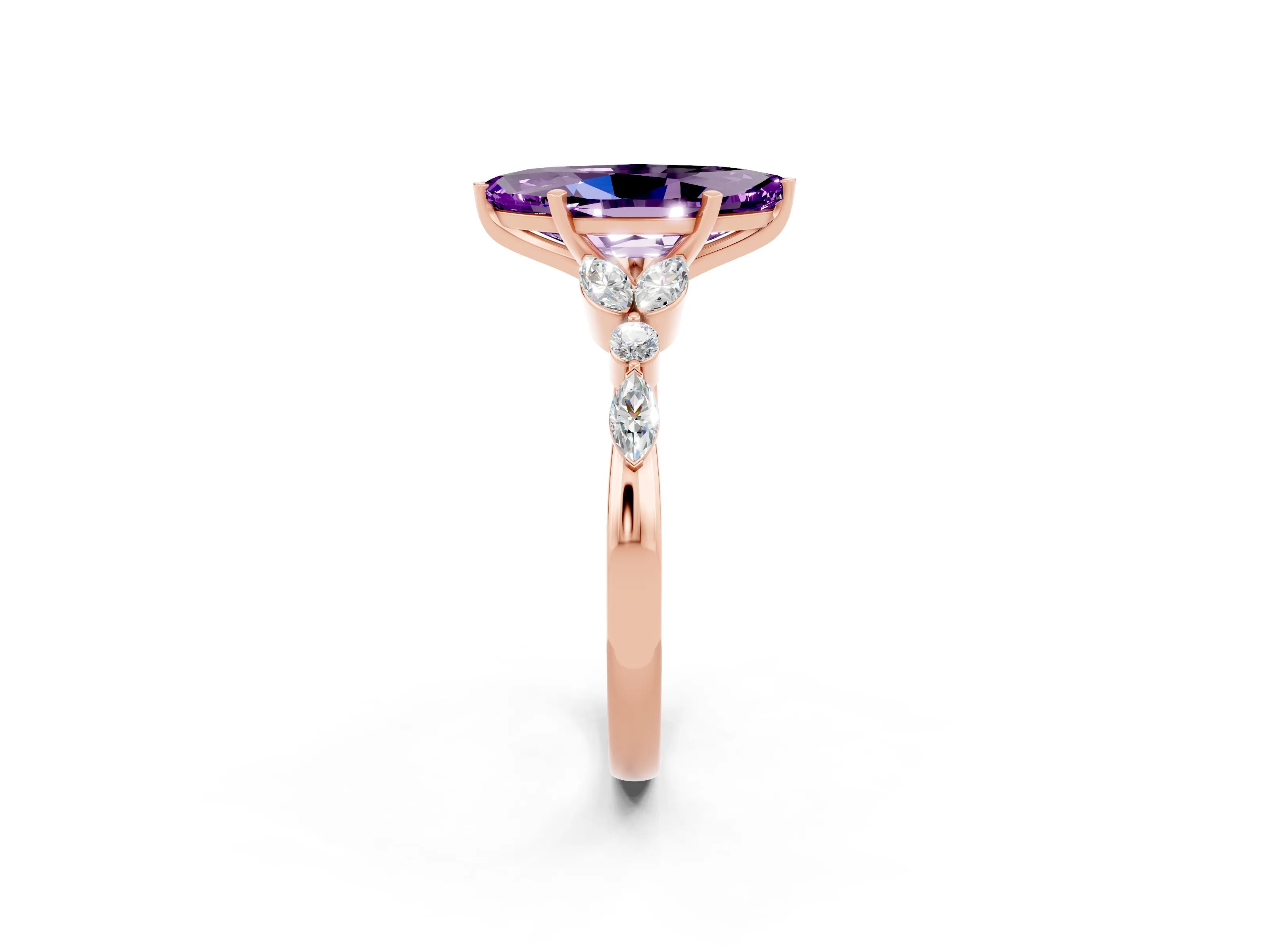 Rose gold Marquise Cut Amethyst Solitaire Ring with Side Stones and Four-Prong Setting_14