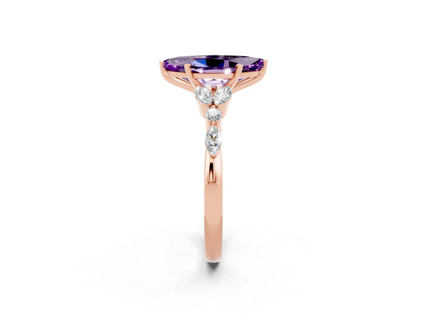 Rose gold Marquise Cut Amethyst Solitaire Ring with Side Stones and Four-Prong Setting