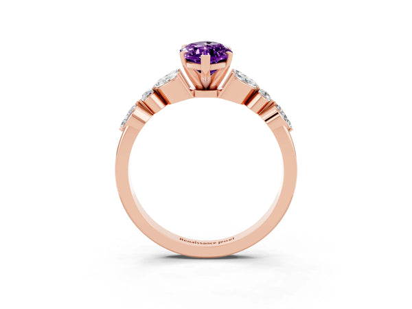 Rose gold Marquise Cut Amethyst Solitaire Ring with Side Stones and Four-Prong Setting