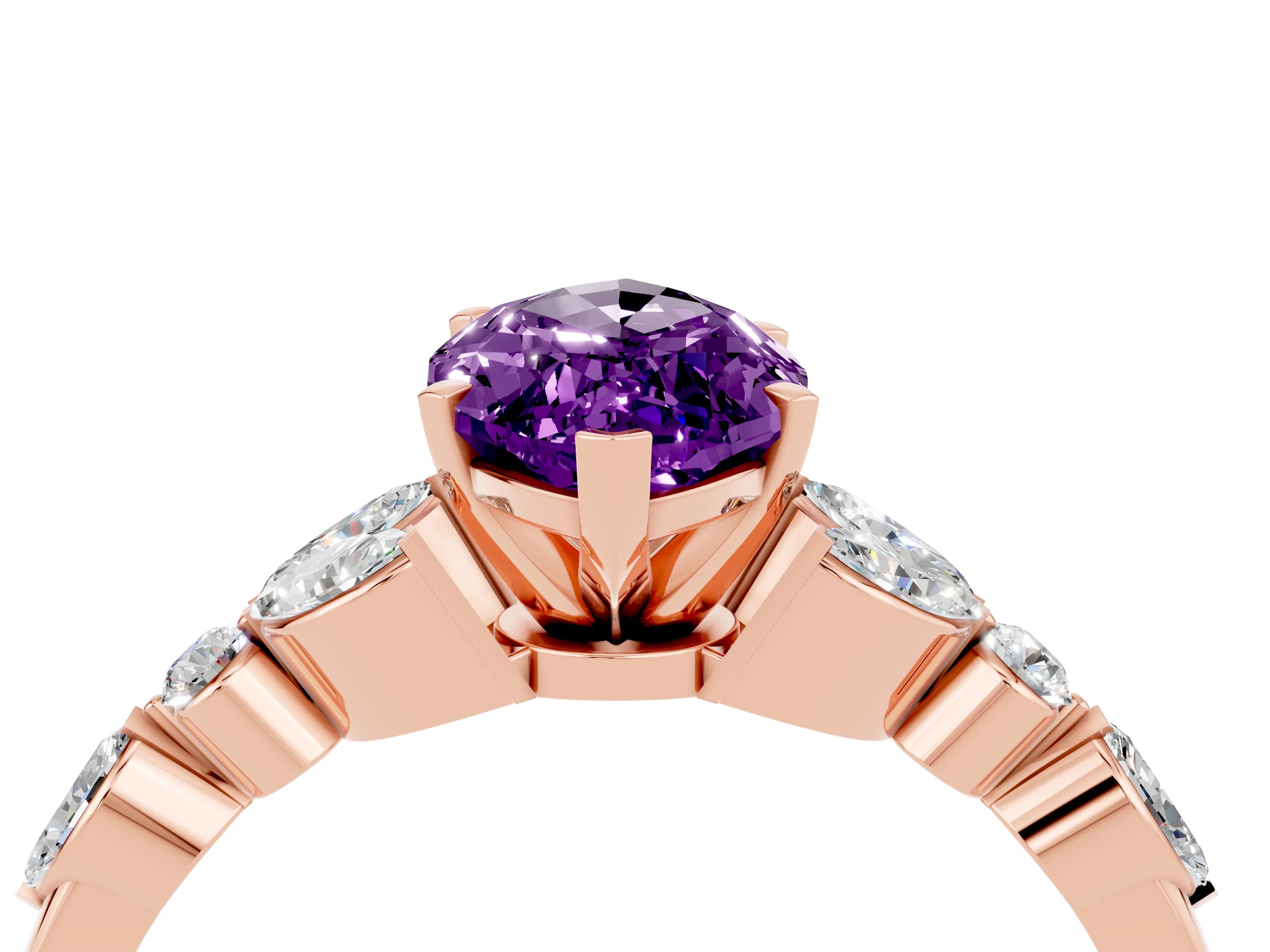Rose gold Marquise Cut Amethyst Solitaire Ring with Side Stones and Four-Prong Setting_16