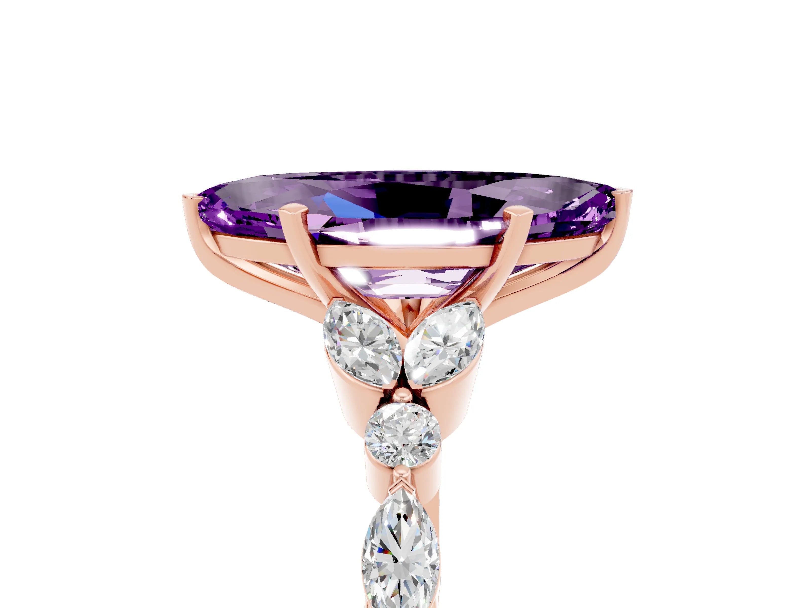 Rose gold Marquise Cut Amethyst Solitaire Ring with Side Stones and Four-Prong Setting_17