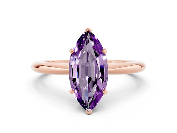 Rose gold Marquise Cut Amethyst Solitaire Ring with Six-Prong Setting and Classic Band